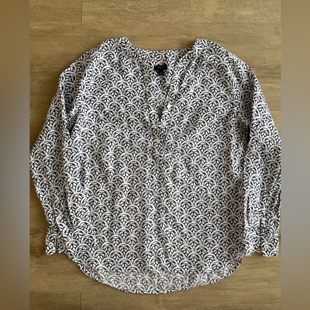 Talbots 100% Linen Top Blue and White Coastal
